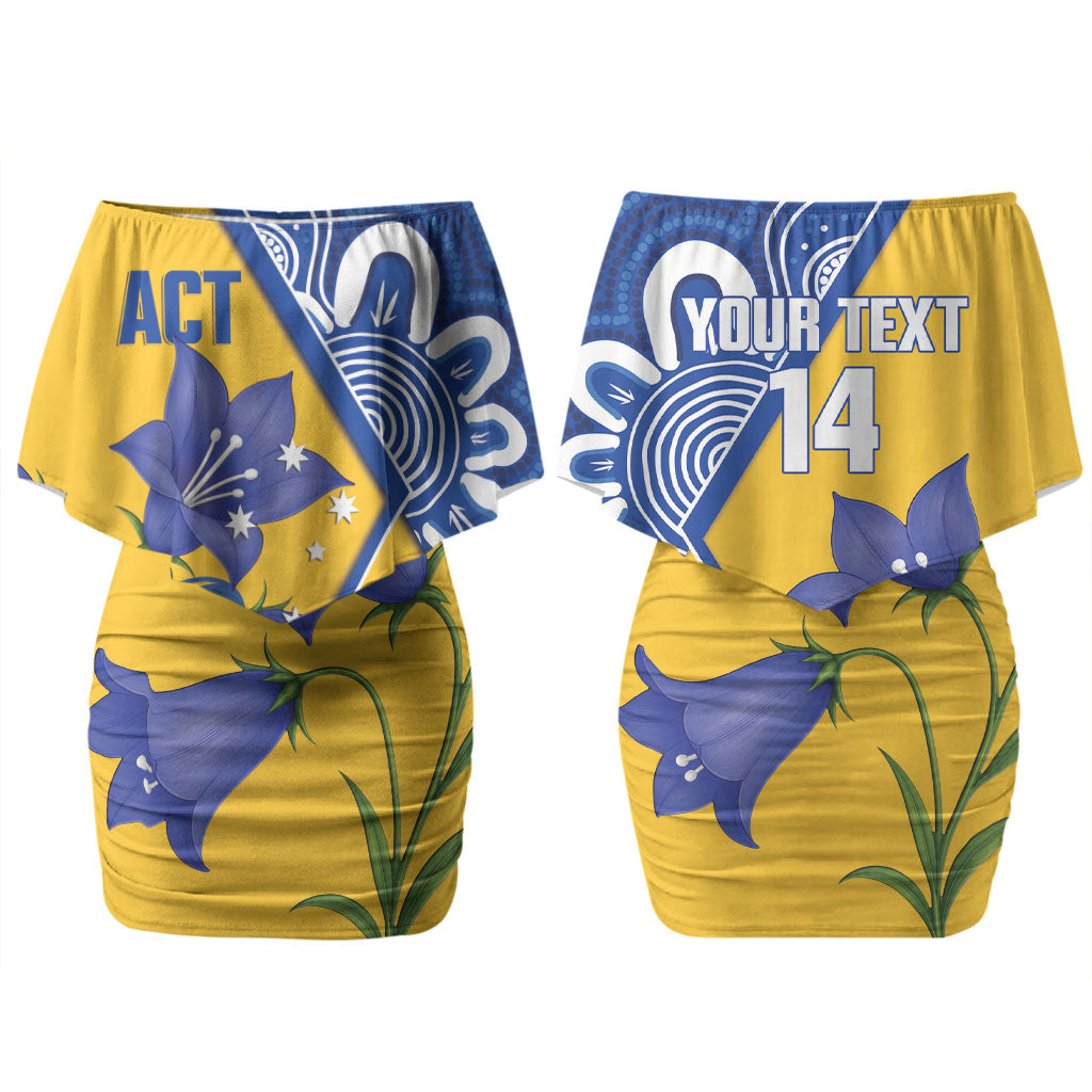 Australian Capital Territory Oztag Custom Couples Matching Off Shoulder Short Dress and Long Sleeve Button Shirt ACT Royal Bluebell Indigenous Art