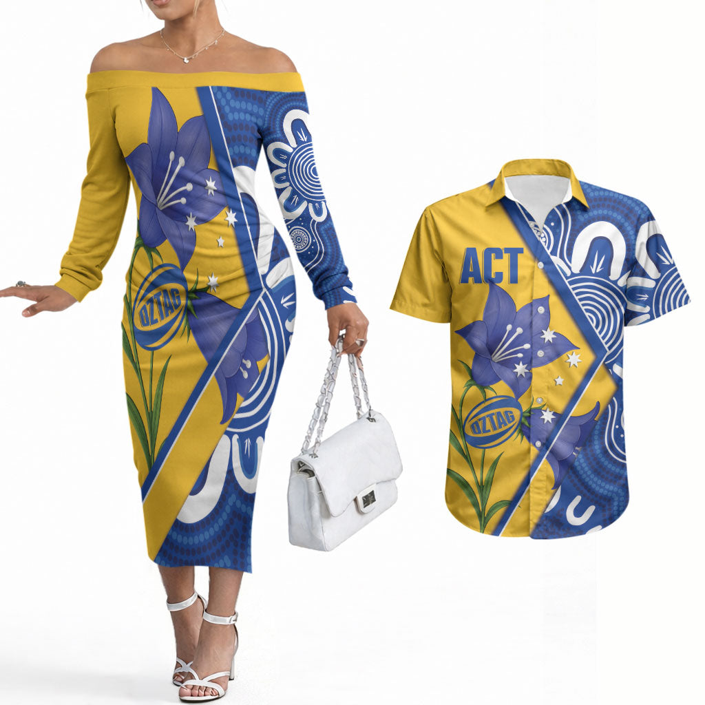 Australian Capital Territory Oztag Custom Couples Matching Off The Shoulder Long Sleeve Dress and Hawaiian Shirt ACT Royal Bluebell Indigenous Art