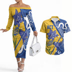 Australian Capital Territory Oztag Custom Couples Matching Off The Shoulder Long Sleeve Dress and Hawaiian Shirt ACT Royal Bluebell Indigenous Art