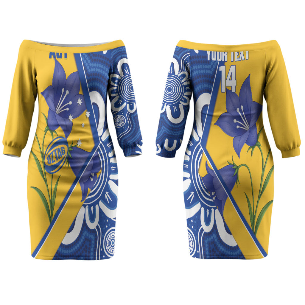 Australian Capital Territory Oztag Custom Couples Matching Off The Shoulder Long Sleeve Dress and Hawaiian Shirt ACT Royal Bluebell Indigenous Art
