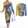 Australian Capital Territory Oztag Custom Couples Matching Off The Shoulder Long Sleeve Dress and Long Sleeve Button Shirt ACT Royal Bluebell Indigenous Art