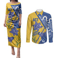 Australian Capital Territory Oztag Custom Couples Matching Puletasi and Long Sleeve Button Shirt ACT Royal Bluebell Indigenous Art