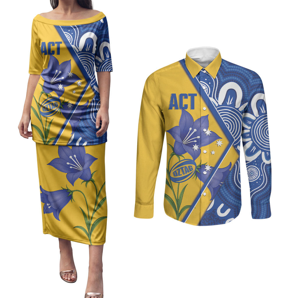 Australian Capital Territory Oztag Custom Couples Matching Puletasi and Long Sleeve Button Shirt ACT Royal Bluebell Indigenous Art