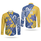 Australian Capital Territory Oztag Custom Couples Matching Puletasi and Long Sleeve Button Shirt ACT Royal Bluebell Indigenous Art