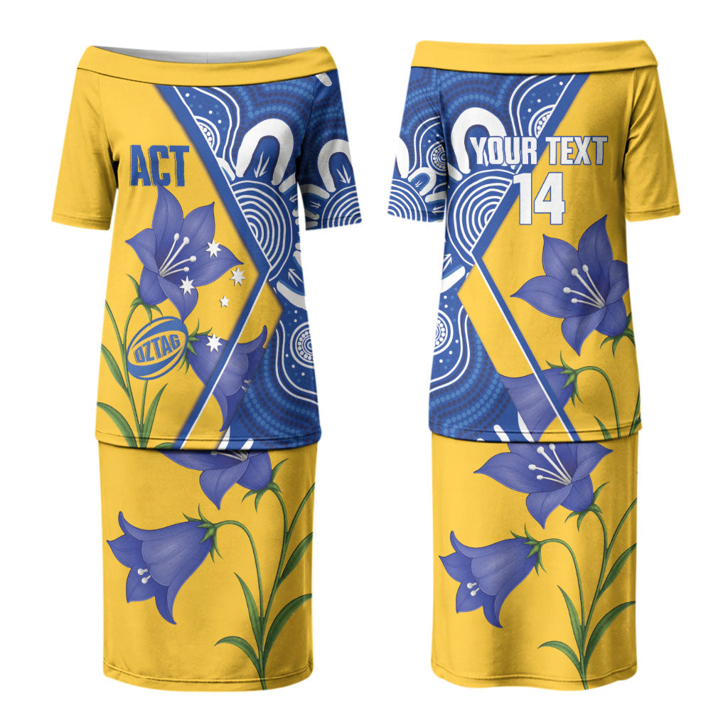 Australian Capital Territory Oztag Custom Couples Matching Puletasi and Long Sleeve Button Shirt ACT Royal Bluebell Indigenous Art
