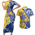 Australian Capital Territory Oztag Custom Couples Matching Short Sleeve Bodycon Dress and Hawaiian Shirt ACT Royal Bluebell Indigenous Art