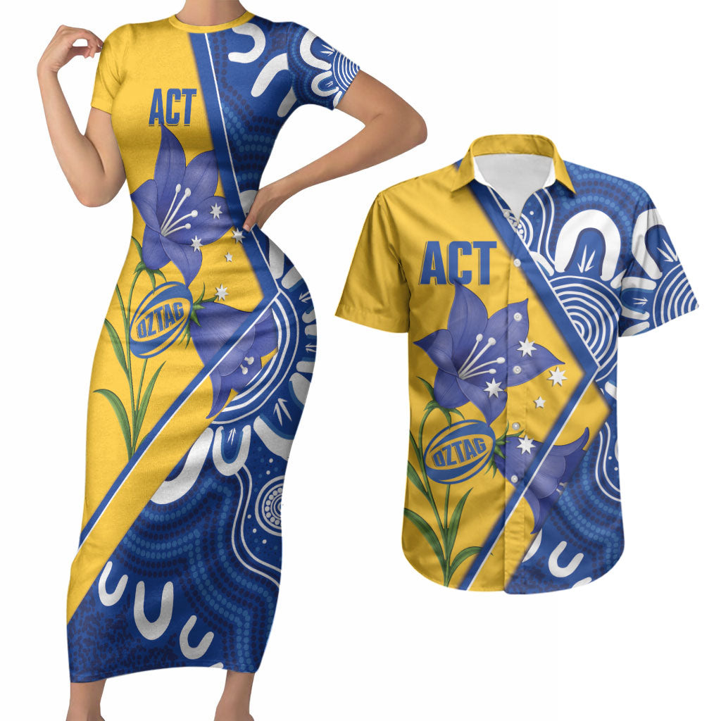 Australian Capital Territory Oztag Custom Couples Matching Short Sleeve Bodycon Dress and Hawaiian Shirt ACT Royal Bluebell Indigenous Art