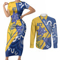 Australian Capital Territory Oztag Custom Couples Matching Short Sleeve Bodycon Dress and Long Sleeve Button Shirt ACT Royal Bluebell Indigenous Art