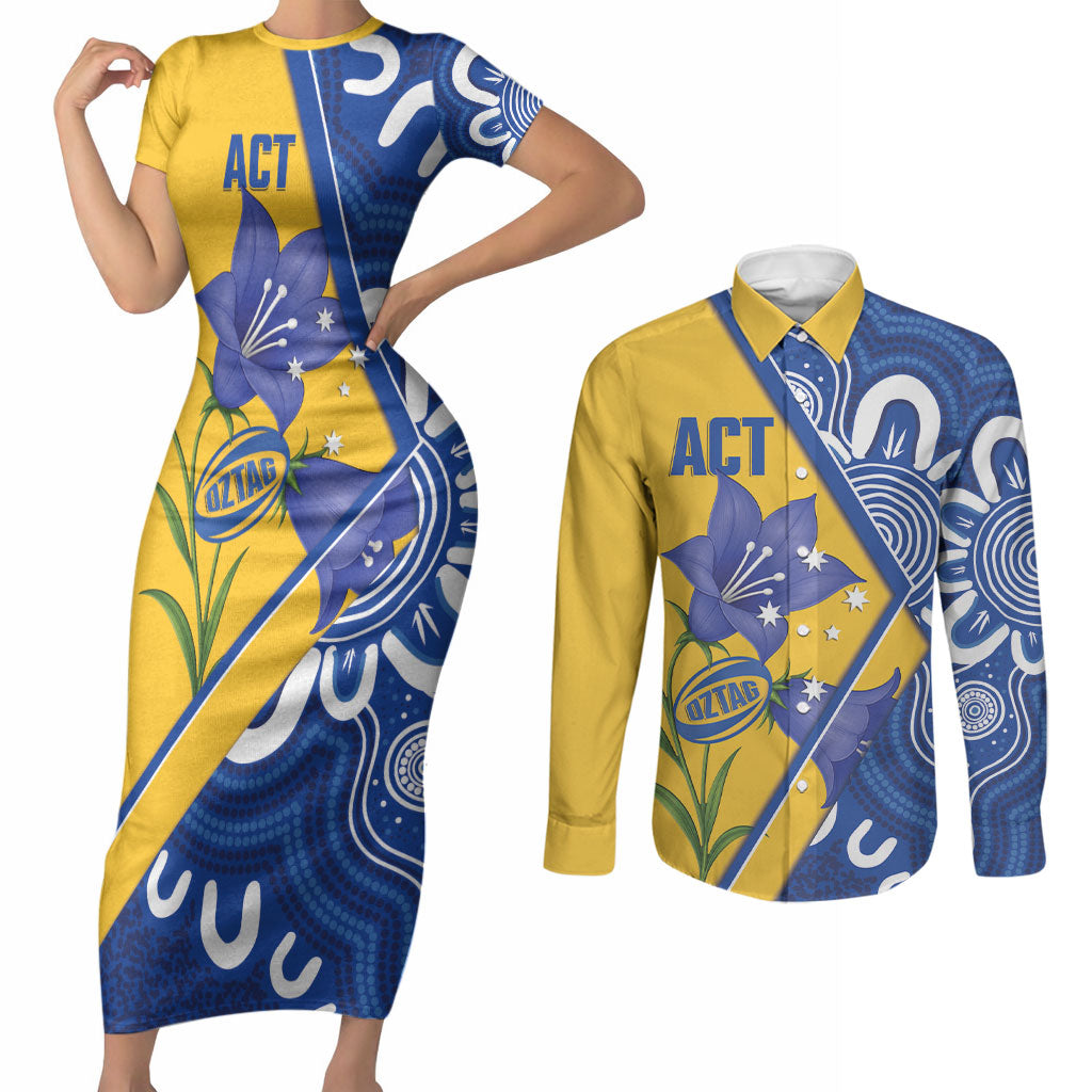 Australian Capital Territory Oztag Custom Couples Matching Short Sleeve Bodycon Dress and Long Sleeve Button Shirt ACT Royal Bluebell Indigenous Art