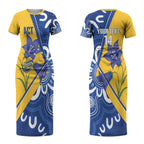 Australian Capital Territory Oztag Custom Couples Matching Short Sleeve Bodycon Dress and Long Sleeve Button Shirt ACT Royal Bluebell Indigenous Art