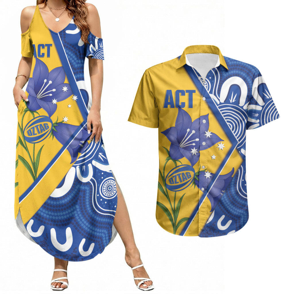 Australian Capital Territory Oztag Custom Couples Matching Summer Maxi Dress and Hawaiian Shirt ACT Royal Bluebell Indigenous Art