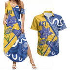 Australian Capital Territory Oztag Custom Couples Matching Summer Maxi Dress and Hawaiian Shirt ACT Royal Bluebell Indigenous Art