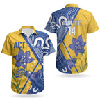 Australian Capital Territory Oztag Custom Couples Matching Summer Maxi Dress and Hawaiian Shirt ACT Royal Bluebell Indigenous Art