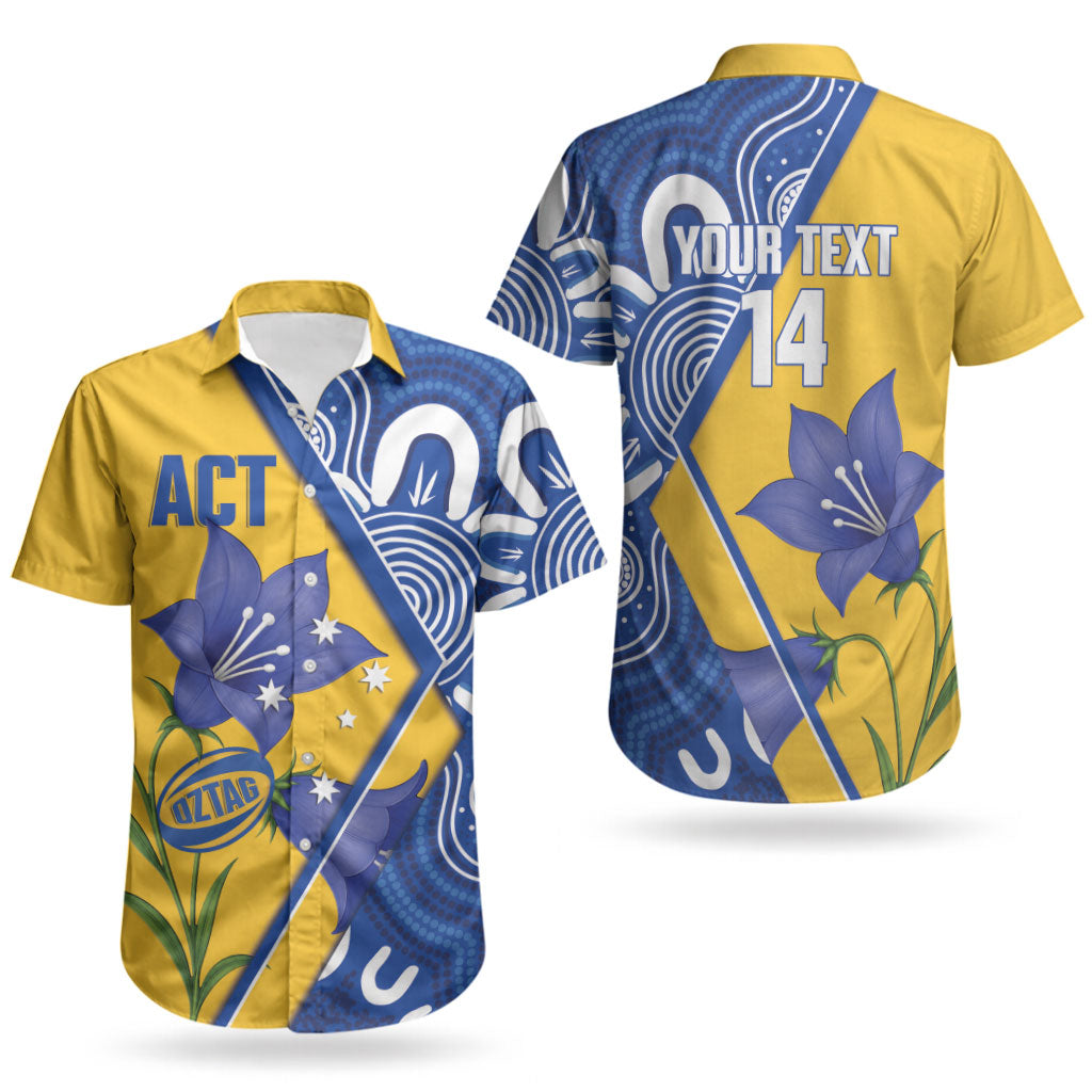 Australian Capital Territory Oztag Custom Couples Matching Summer Maxi Dress and Hawaiian Shirt ACT Royal Bluebell Indigenous Art