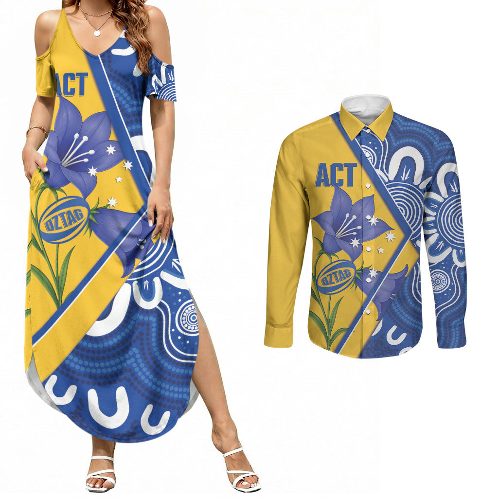 Australian Capital Territory Oztag Custom Couples Matching Summer Maxi Dress and Long Sleeve Button Shirt ACT Royal Bluebell Indigenous Art
