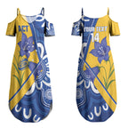 Australian Capital Territory Oztag Custom Couples Matching Summer Maxi Dress and Long Sleeve Button Shirt ACT Royal Bluebell Indigenous Art