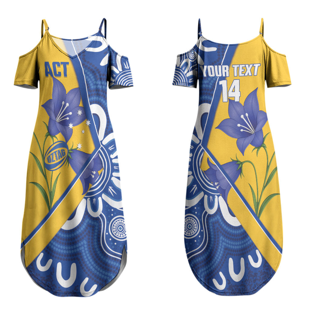Australian Capital Territory Oztag Custom Couples Matching Summer Maxi Dress and Long Sleeve Button Shirt ACT Royal Bluebell Indigenous Art