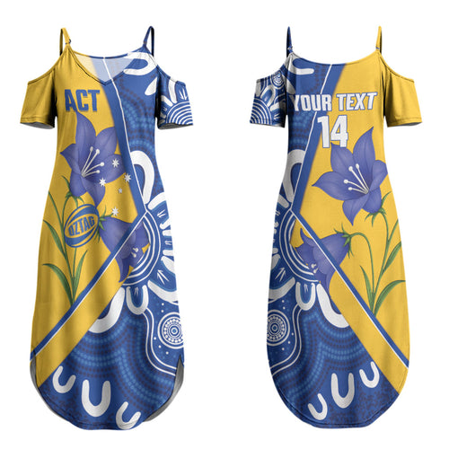 Australian Capital Territory Oztag Custom Couples Matching Summer Maxi Dress and Long Sleeve Button Shirt ACT Royal Bluebell Indigenous Art