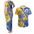 Australian Capital Territory Oztag Custom Couples Matching Tank Maxi Dress and Hawaiian Shirt ACT Royal Bluebell Indigenous Art