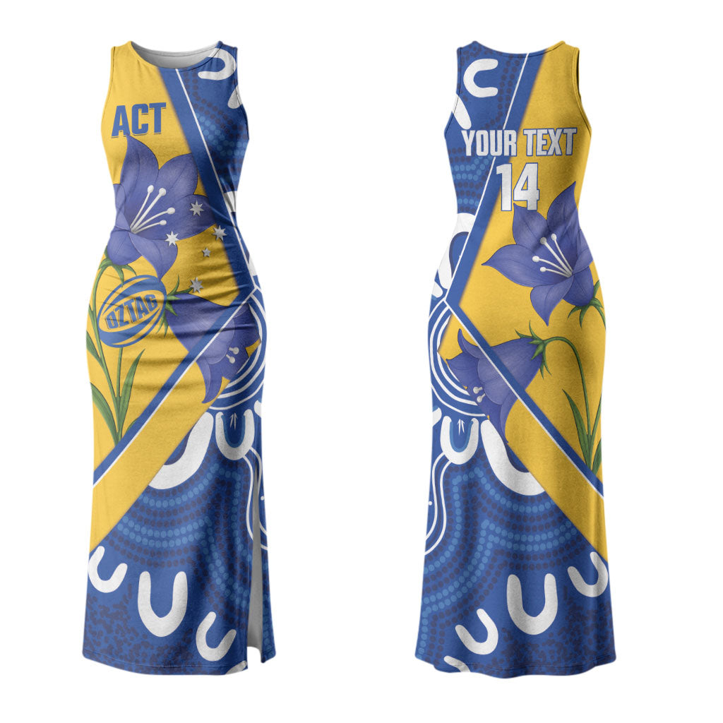 Australian Capital Territory Oztag Custom Couples Matching Tank Maxi Dress and Hawaiian Shirt ACT Royal Bluebell Indigenous Art