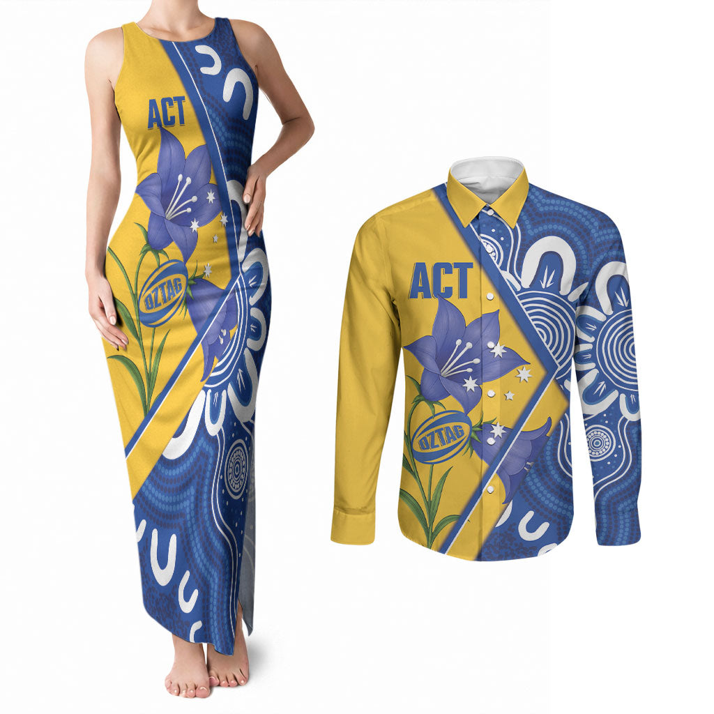 Australian Capital Territory Oztag Custom Couples Matching Tank Maxi Dress and Long Sleeve Button Shirt ACT Royal Bluebell Indigenous Art