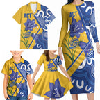 Australian Capital Territory Oztag Custom Family Matching Long Sleeve Bodycon Dress and Hawaiian Shirt ACT Royal Bluebell Indigenous Art
