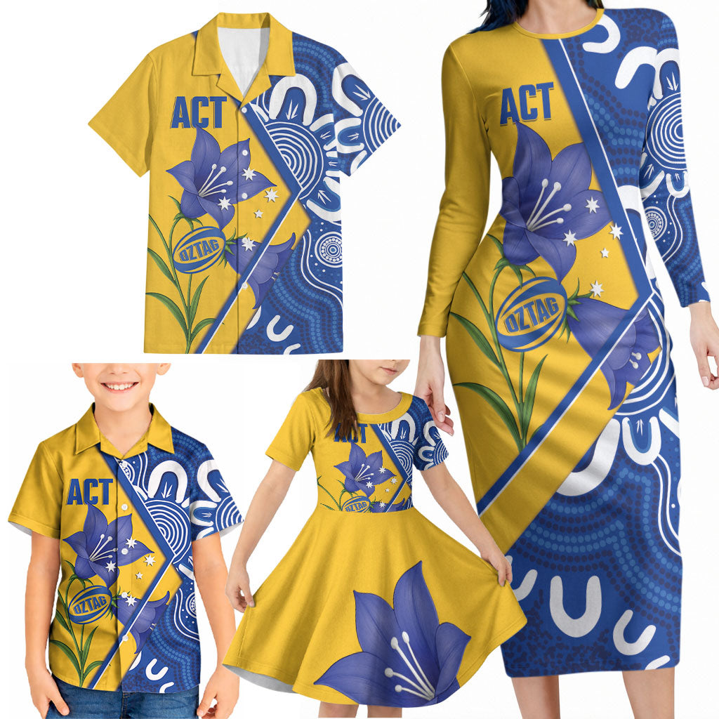 Australian Capital Territory Oztag Custom Family Matching Long Sleeve Bodycon Dress and Hawaiian Shirt ACT Royal Bluebell Indigenous Art