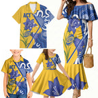 Australian Capital Territory Oztag Custom Family Matching Mermaid Dress and Hawaiian Shirt ACT Royal Bluebell Indigenous Art