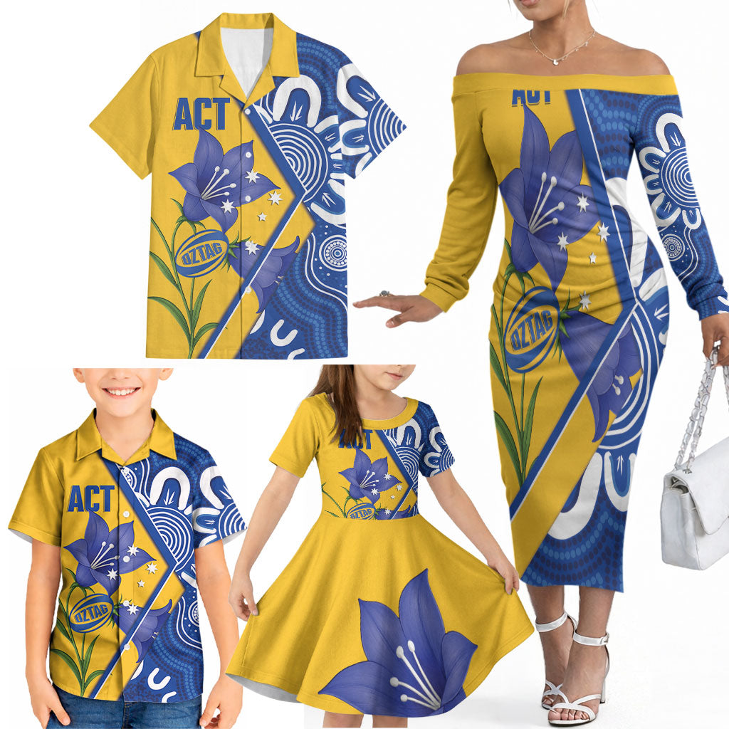 Australian Capital Territory Oztag Custom Family Matching Off The Shoulder Long Sleeve Dress and Hawaiian Shirt ACT Royal Bluebell Indigenous Art