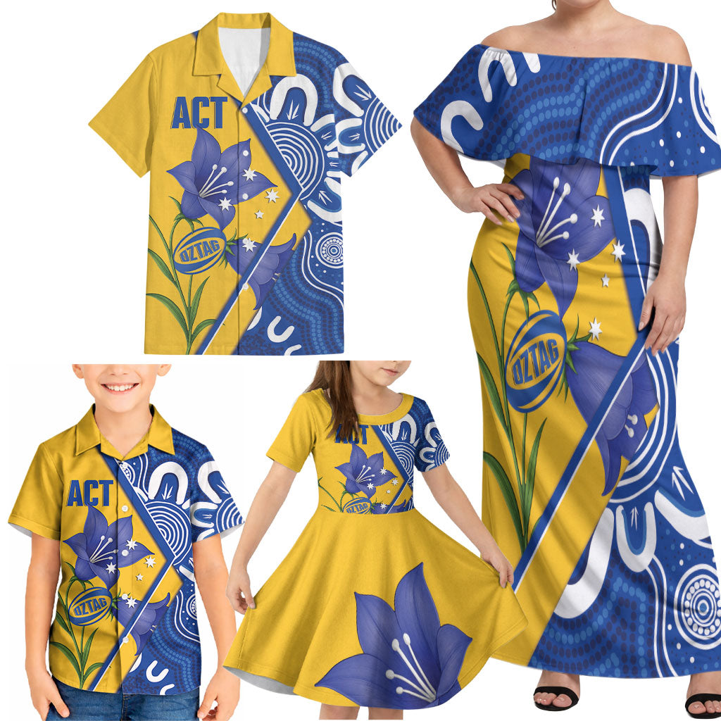 Australian Capital Territory Oztag Custom Family Matching Off Shoulder Maxi Dress and Hawaiian Shirt ACT Royal Bluebell Indigenous Art