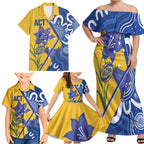 Australian Capital Territory Oztag Custom Family Matching Off Shoulder Maxi Dress and Hawaiian Shirt ACT Royal Bluebell Indigenous Art