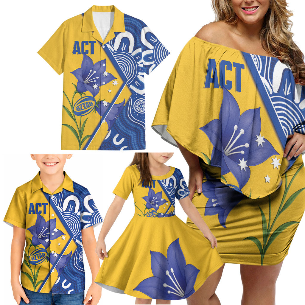 Australian Capital Territory Oztag Custom Family Matching Off Shoulder Short Dress and Hawaiian Shirt ACT Royal Bluebell Indigenous Art