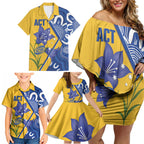 Australian Capital Territory Oztag Custom Family Matching Off Shoulder Short Dress and Hawaiian Shirt ACT Royal Bluebell Indigenous Art