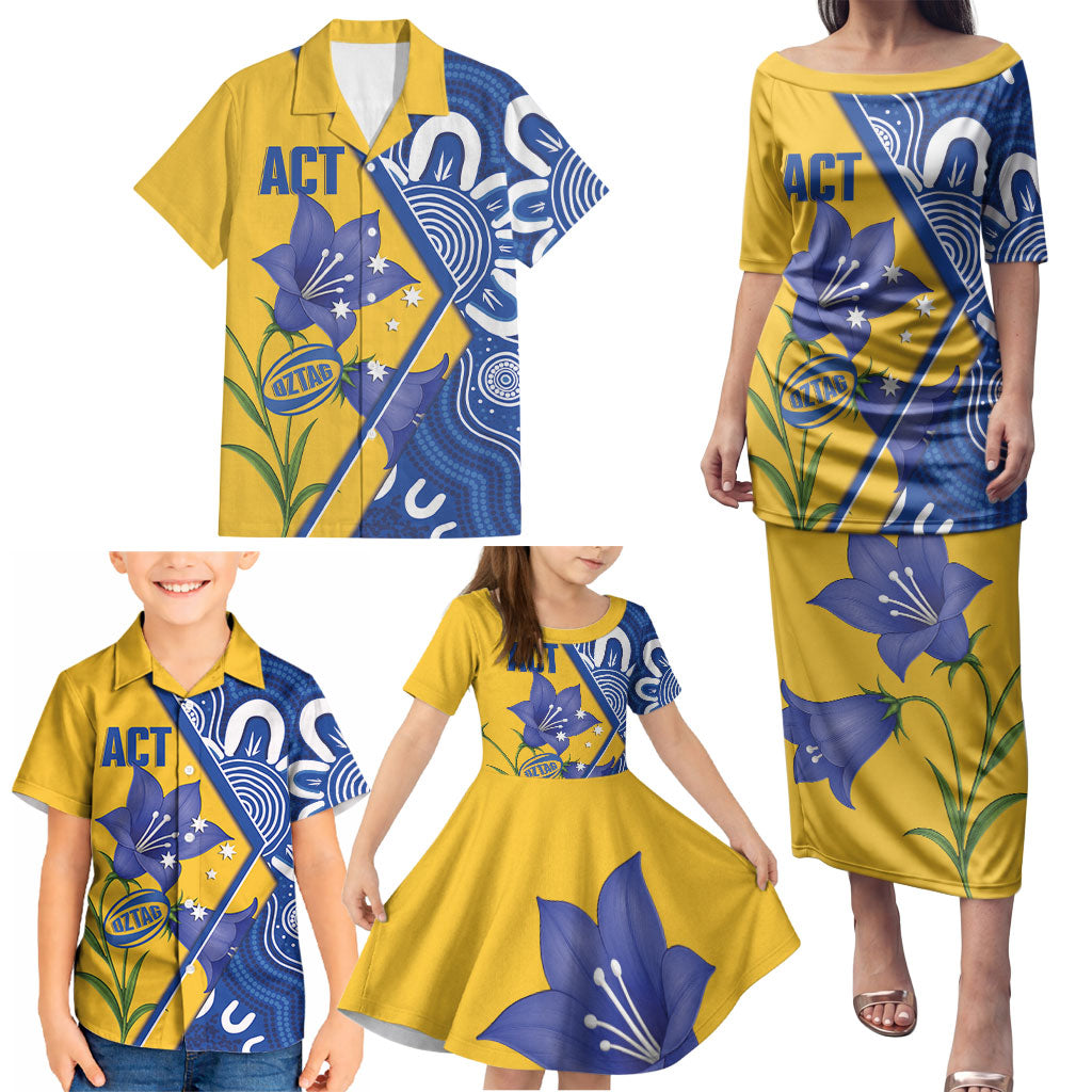 Australian Capital Territory Oztag Custom Family Matching Puletasi and Hawaiian Shirt ACT Royal Bluebell Indigenous Art
