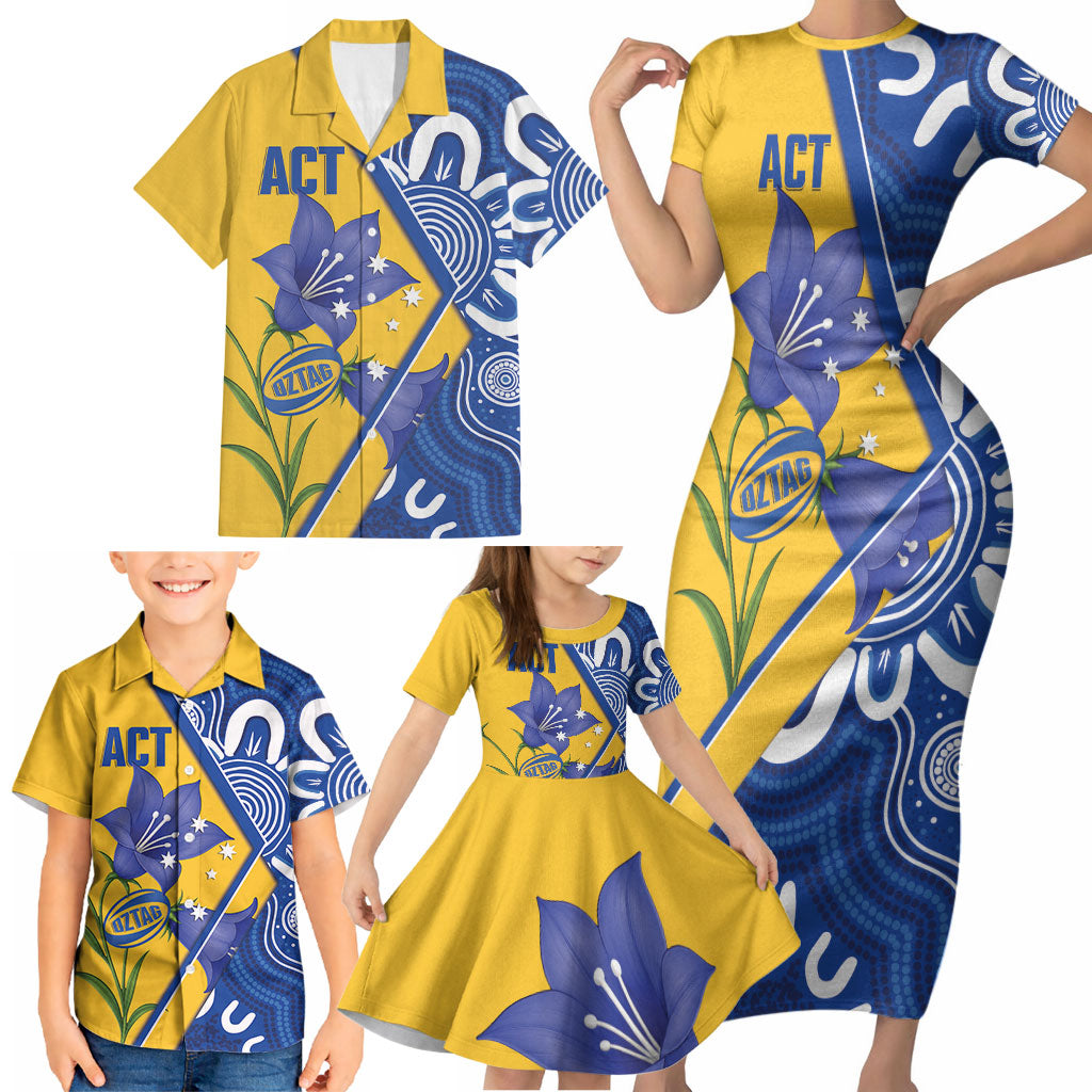 Australian Capital Territory Oztag Custom Family Matching Short Sleeve Bodycon Dress and Hawaiian Shirt ACT Royal Bluebell Indigenous Art