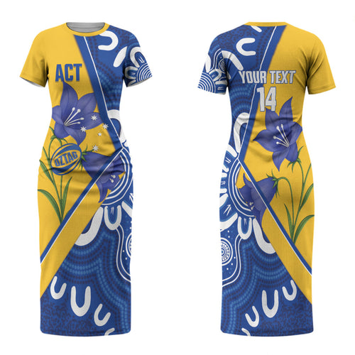Australian Capital Territory Oztag Custom Family Matching Short Sleeve Bodycon Dress and Hawaiian Shirt ACT Royal Bluebell Indigenous Art