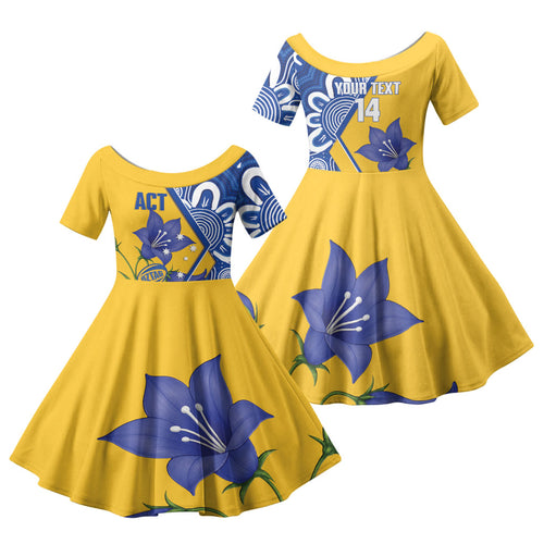 Australian Capital Territory Oztag Custom Family Matching Short Sleeve Bodycon Dress and Hawaiian Shirt ACT Royal Bluebell Indigenous Art