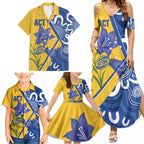 Australian Capital Territory Oztag Custom Family Matching Summer Maxi Dress and Hawaiian Shirt ACT Royal Bluebell Indigenous Art