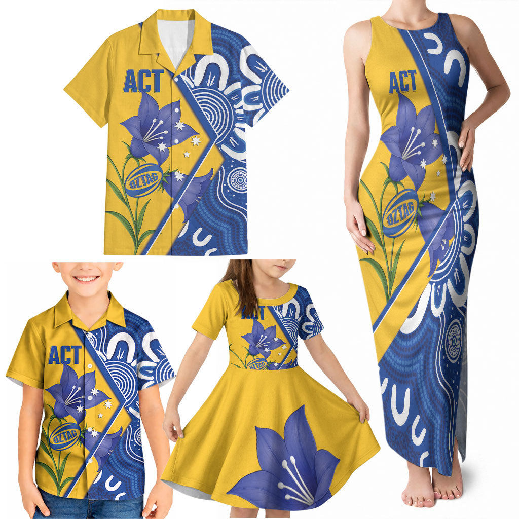 Australian Capital Territory Oztag Custom Family Matching Tank Maxi Dress and Hawaiian Shirt ACT Royal Bluebell Indigenous Art