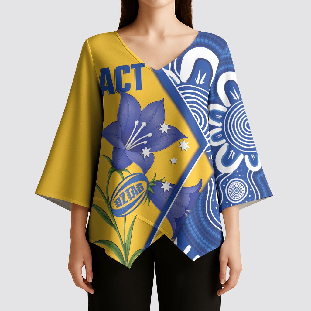 Australian Capital Territory Oztag Custom Kimono Sleeve Blouse ACT Royal Bluebell Indigenous Art