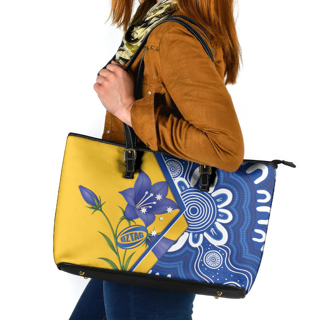 Australian Capital Territory Oztag Leather Tote Bag ACT Royal Bluebell Indigenous Art