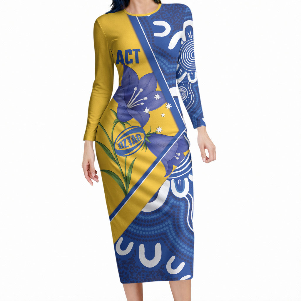 Australian Capital Territory Oztag Custom Long Sleeve Bodycon Dress ACT Royal Bluebell Indigenous Art