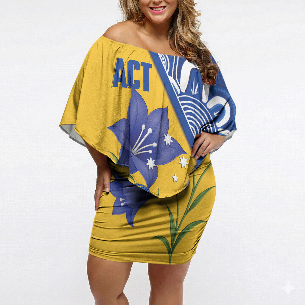 Australian Capital Territory Oztag Custom Off Shoulder Short Dress ACT Royal Bluebell Indigenous Art