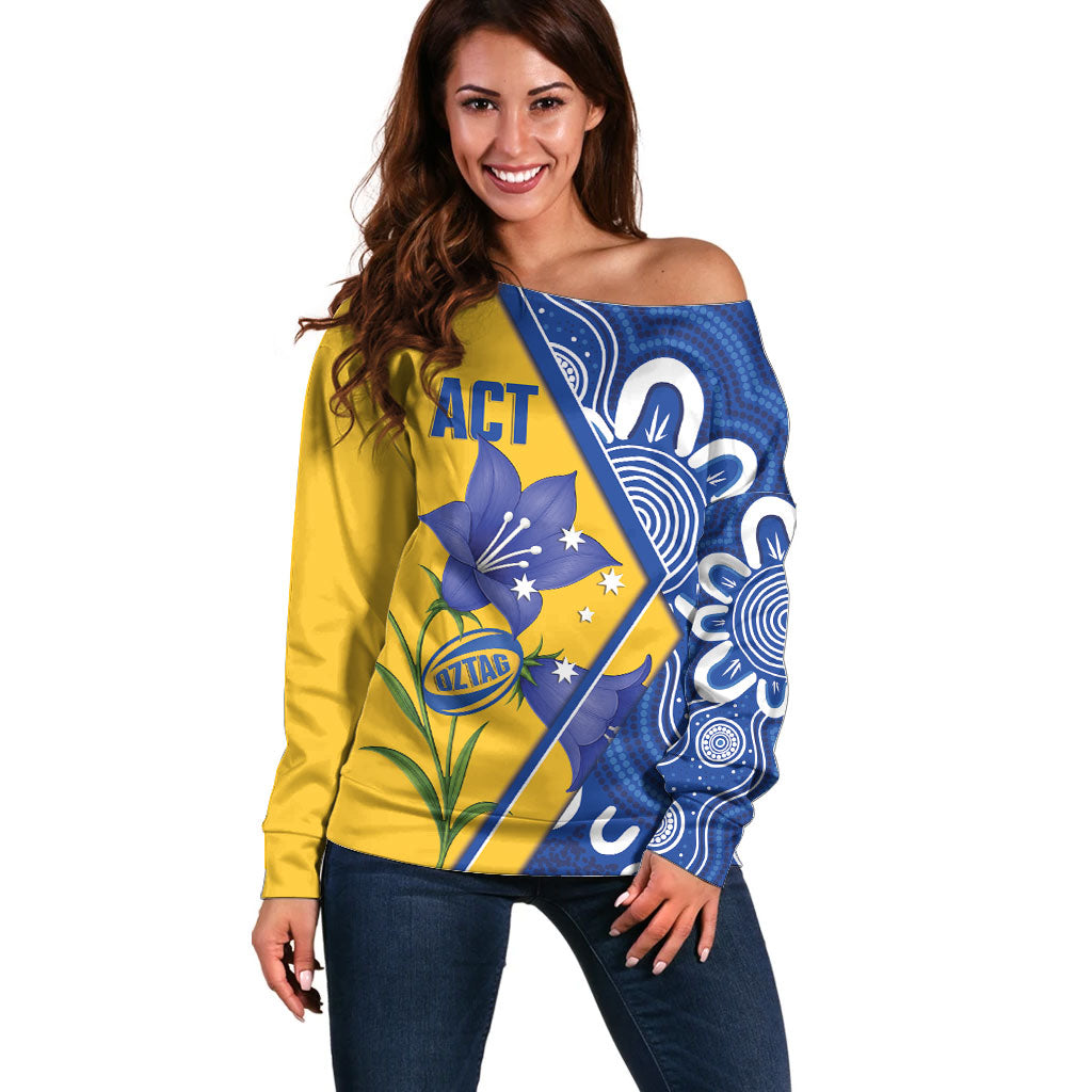 Australian Capital Territory Oztag Custom Off Shoulder Sweater ACT Royal Bluebell Indigenous Art