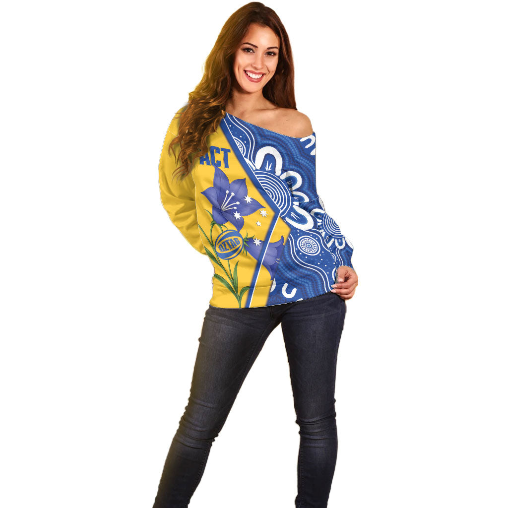 Australian Capital Territory Oztag Custom Off Shoulder Sweater ACT Royal Bluebell Indigenous Art