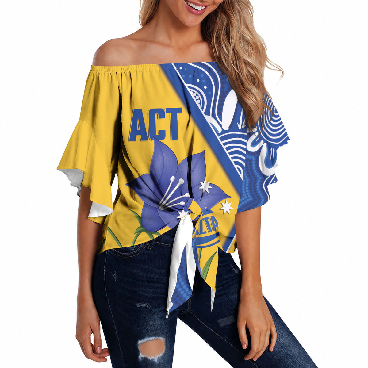 Australian Capital Territory Oztag Custom Off Shoulder Wrap Waist Top ACT Royal Bluebell Indigenous Art