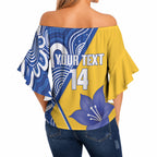 Australian Capital Territory Oztag Custom Off Shoulder Wrap Waist Top ACT Royal Bluebell Indigenous Art