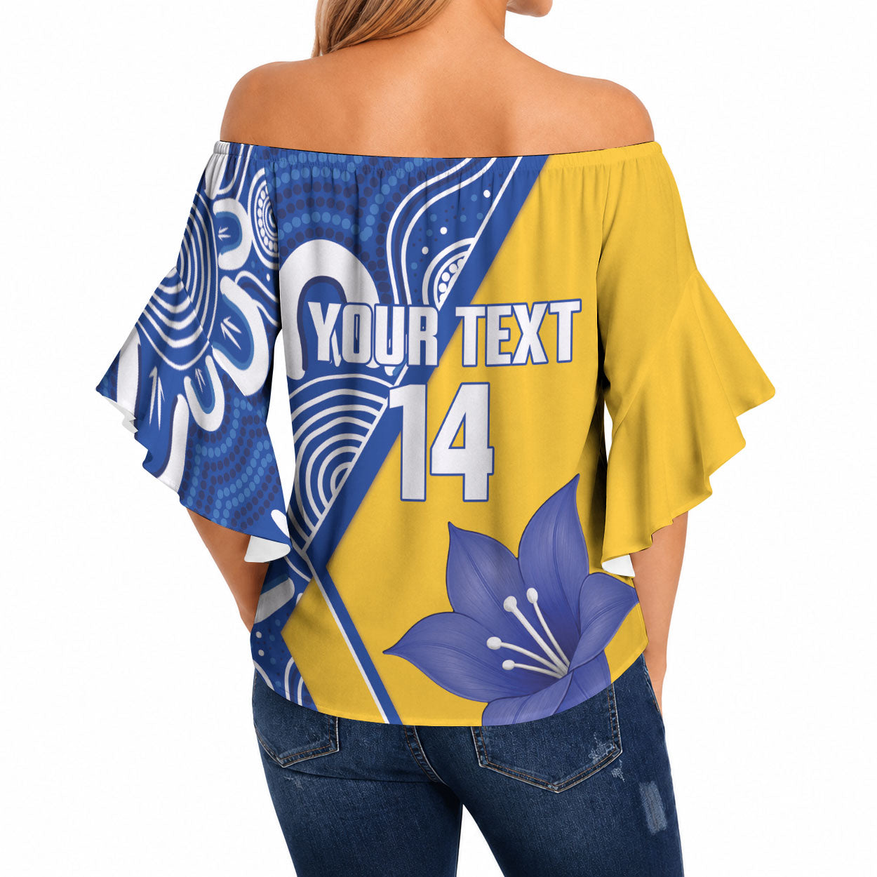 Australian Capital Territory Oztag Custom Off Shoulder Wrap Waist Top ACT Royal Bluebell Indigenous Art