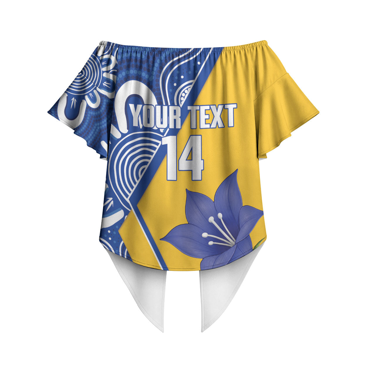Australian Capital Territory Oztag Custom Off Shoulder Wrap Waist Top ACT Royal Bluebell Indigenous Art