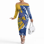 Australian Capital Territory Oztag Custom Off The Shoulder Long Sleeve Dress ACT Royal Bluebell Indigenous Art